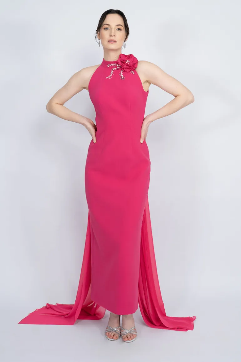 Dresses<CULT MIA HALTERNECK WITH LONG CAPE MAXI DRESS Fuchsia