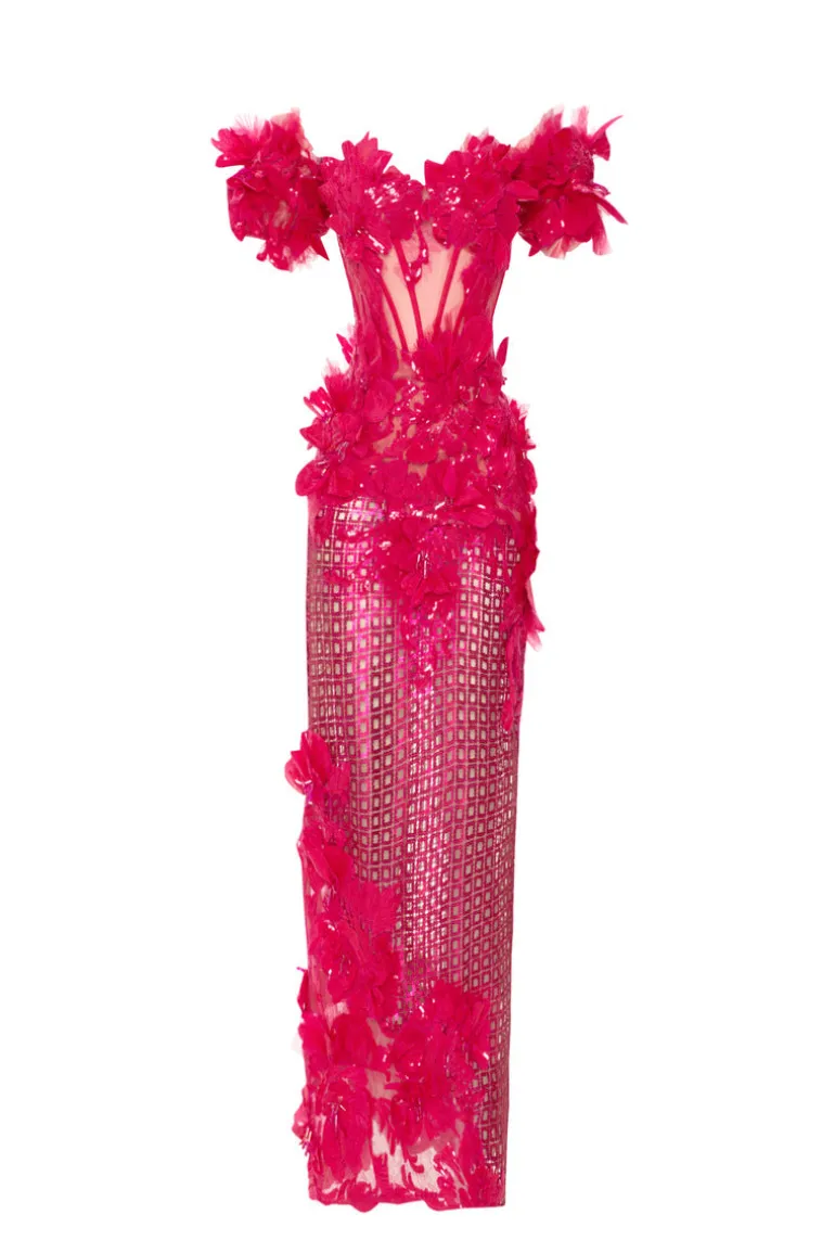Dresses | Midi Dresses<CULT MIA MIDI LENGTH DRESS WITH 3D FLOWERS Fuchsia