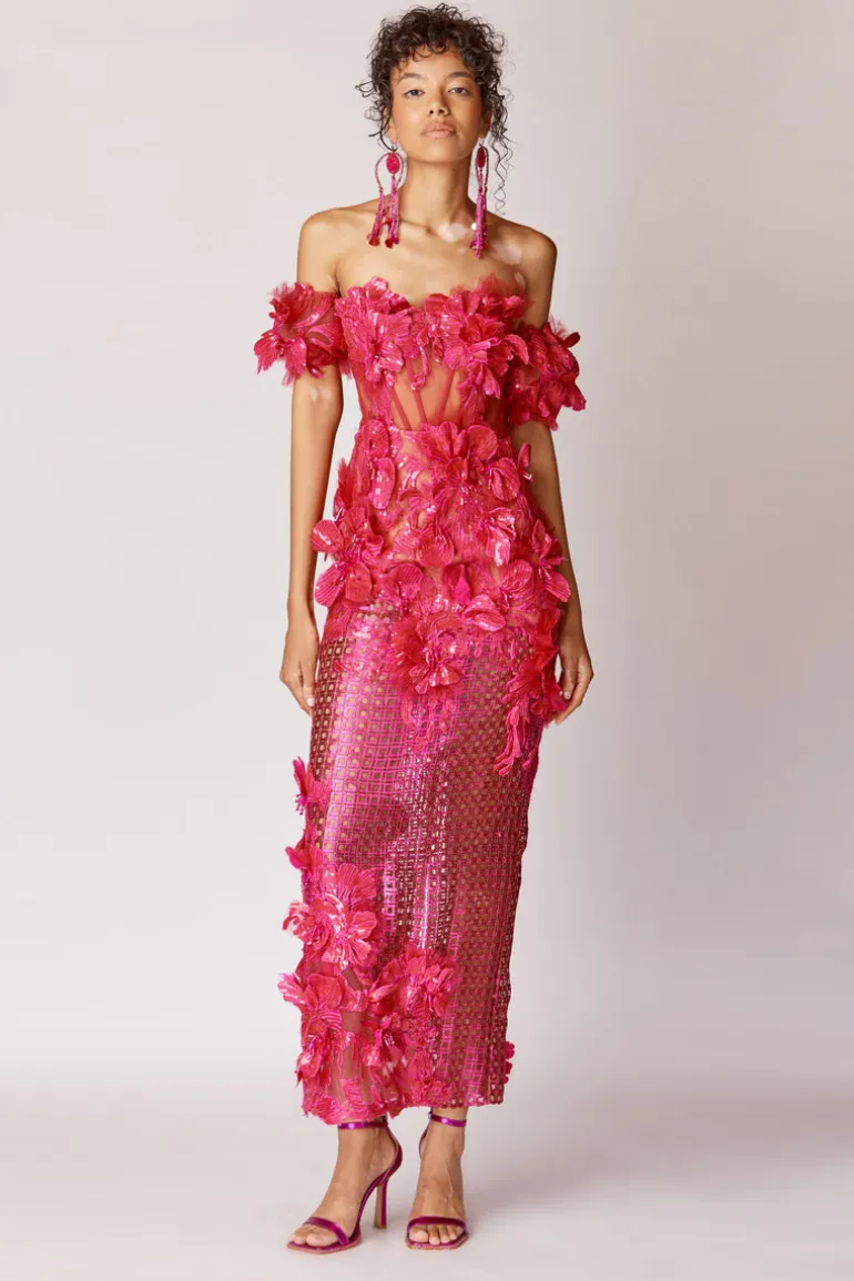 Dresses | Midi Dresses<CULT MIA MIDI LENGTH DRESS WITH 3D FLOWERS Fuchsia