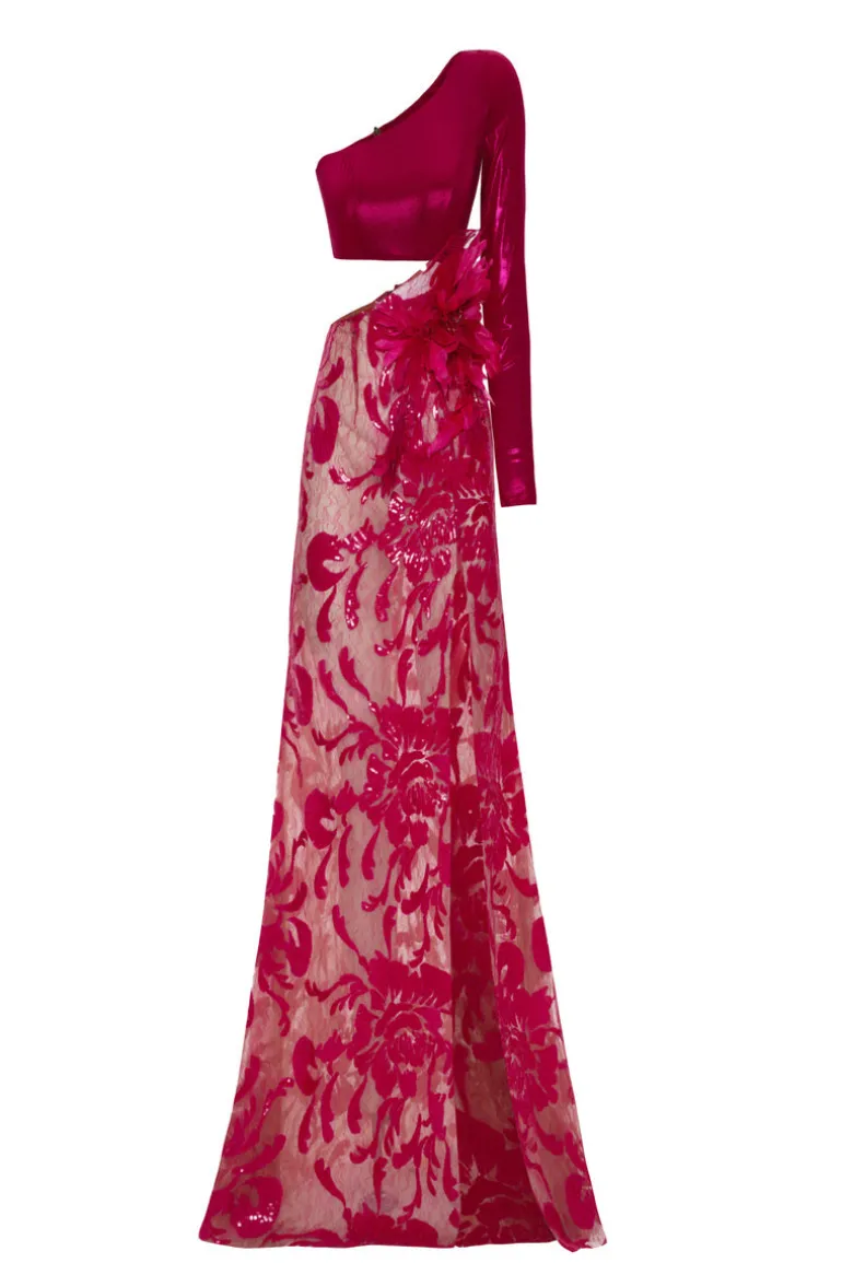 Dresses<CULT MIA ONE-SHOULDER MAXI DRESS WITH 3D FLOWER DETAILS Fuchsia