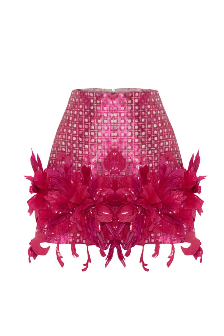 Skirts<CULT MIA PRINTED LINEN SEQUINED MINI SKIRT WITH 3D FLOWER DETAIL Fuchsia