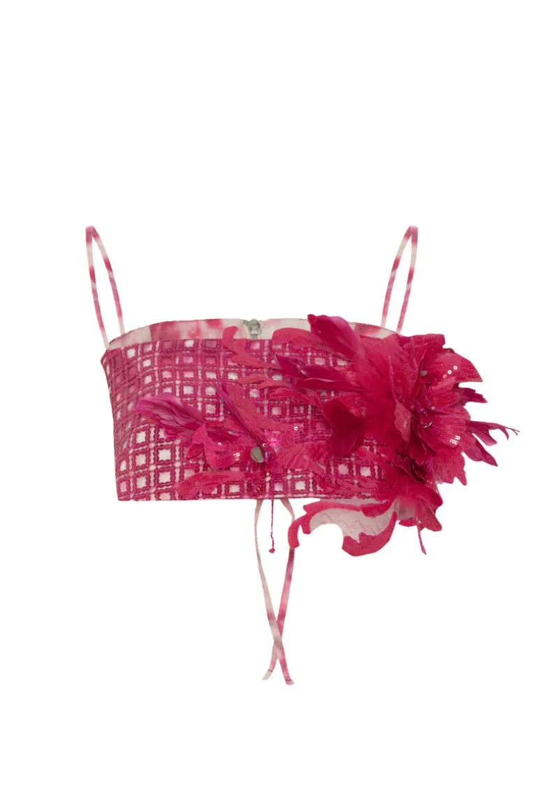 Tops<CULT MIA PRINTED LINEN SEQUINED TOP WITH 3D FLOWER DETAIL Fuchsia