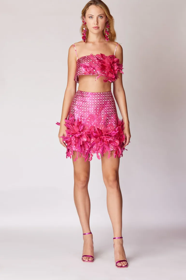Tops<CULT MIA PRINTED LINEN SEQUINED TOP WITH 3D FLOWER DETAIL Fuchsia