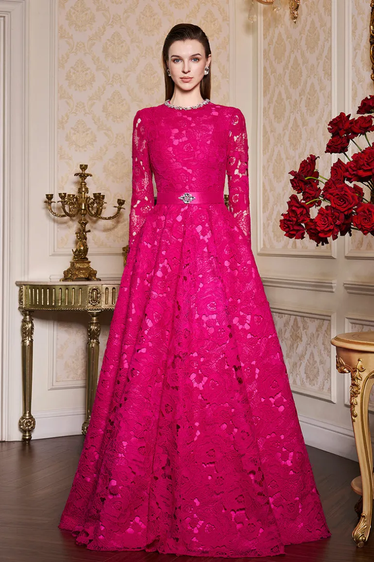 Dresses | Gowns<CULT MIA ROUND NECKLINE LACE AND TAFFETA GOWN Fuchsia