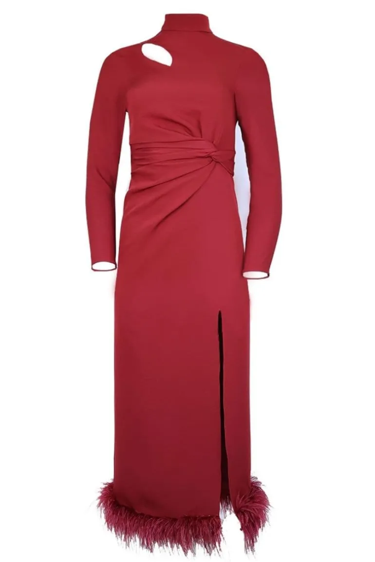 Dresses | Midi Dresses<CULT MIA FULL SLEEVES TWIST KNOT HALTER NECK FEATHER MAXI DRESS Burgundy