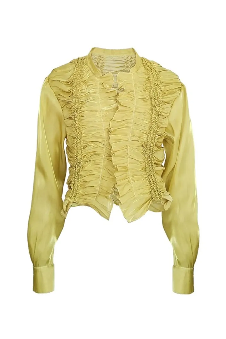 Tops<CULT MIA GABRIELA VERTICAL SHIBORI LINE RUFFLE BLOUSE Yellow