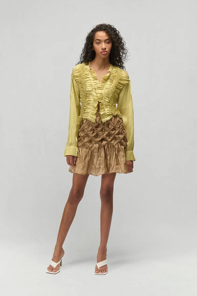 Tops<CULT MIA GABRIELA VERTICAL SHIBORI LINE RUFFLE BLOUSE Yellow