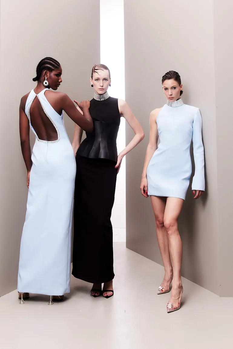 Dresses | Gowns<CULT MIA GLAMOUROUS MIRROR-EMBELLISHED GOWN WITH VEGAN CORSET BELT Black