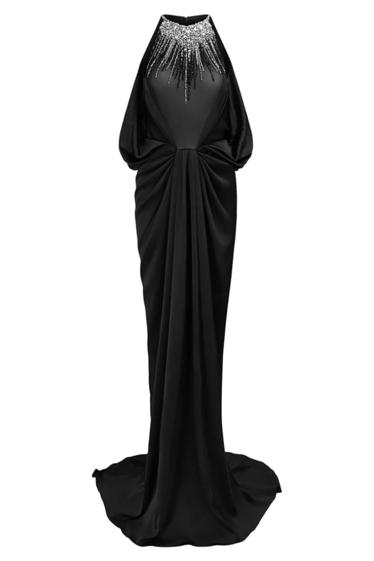 Dresses | Gowns<CULT MIA GLOWY DRAPED BEADED HALTERNECK GOWN Black