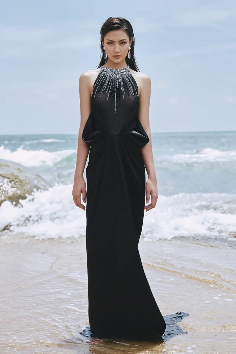 Dresses | Gowns<CULT MIA GLOWY DRAPED BEADED HALTERNECK GOWN Black