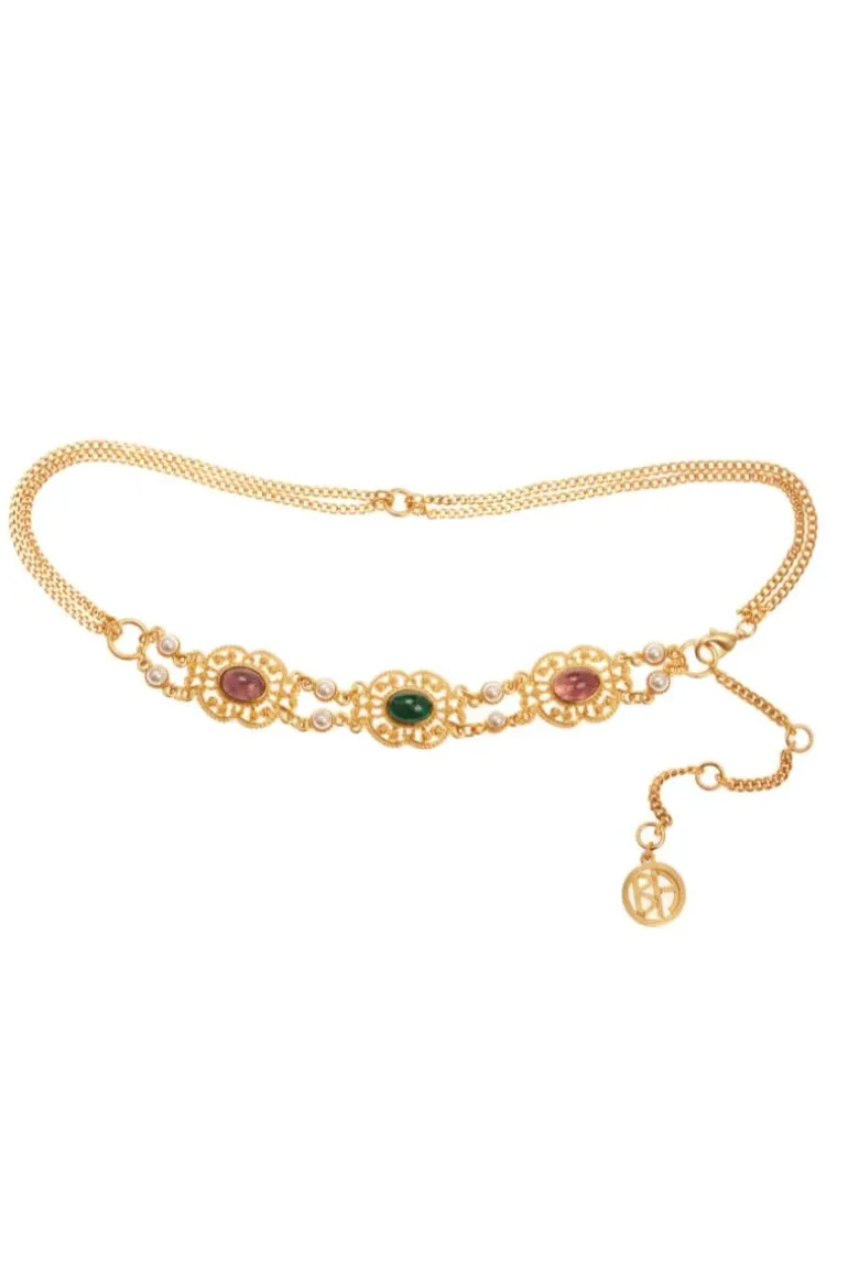 Belts<CULT MIA CHAIN BELT WITH EMERALD AMETHYST AND PERALS Gold