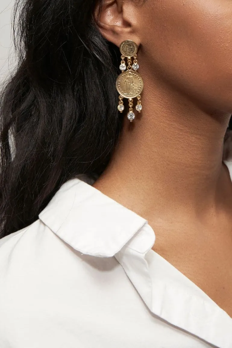 Earrings<CULT MIA COIN DROP EARRINGS WITH CRYSTALS Gold