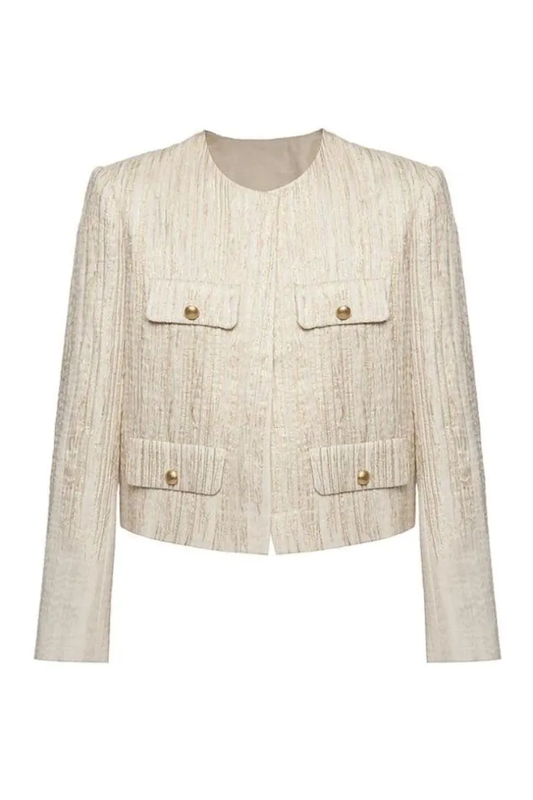 Jackets<CULT MIA GOLD CROPPED JACKET WITH POCKETS White/Gold