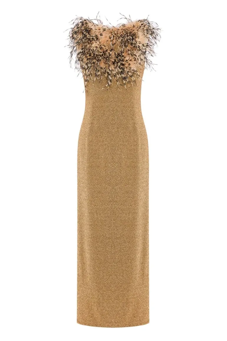 Dresses<CULT MIA FEATHER DETAILED MIDI DRESS Gold