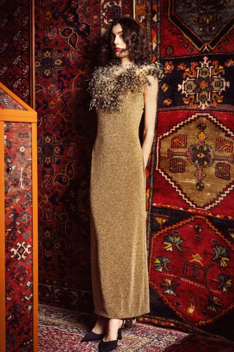 Dresses<CULT MIA FEATHER DETAILED MIDI DRESS Gold