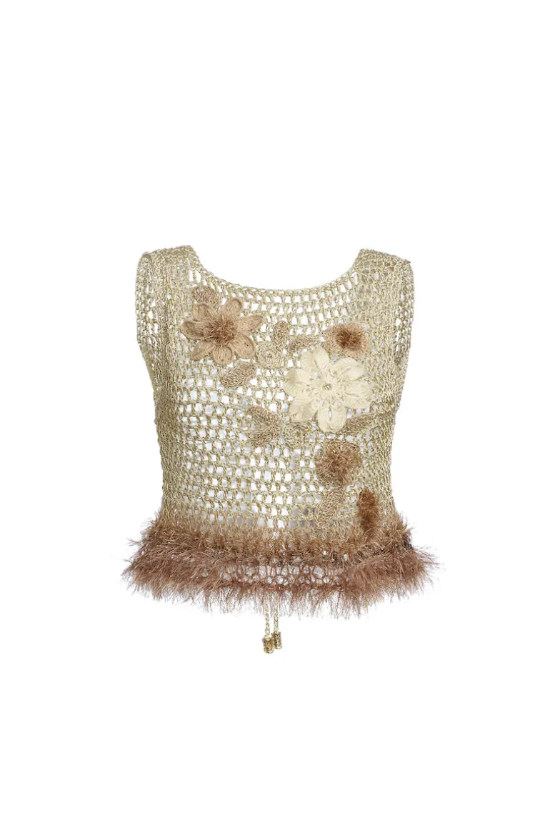 Tops<CULT MIA HANDMADE CROCHET TOP WITH EMBROIDERY Gold