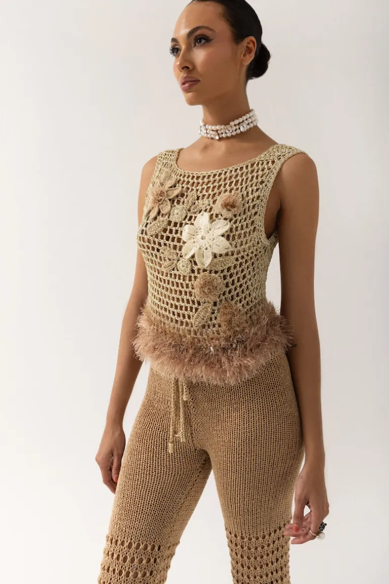 Tops<CULT MIA HANDMADE CROCHET TOP WITH EMBROIDERY Gold