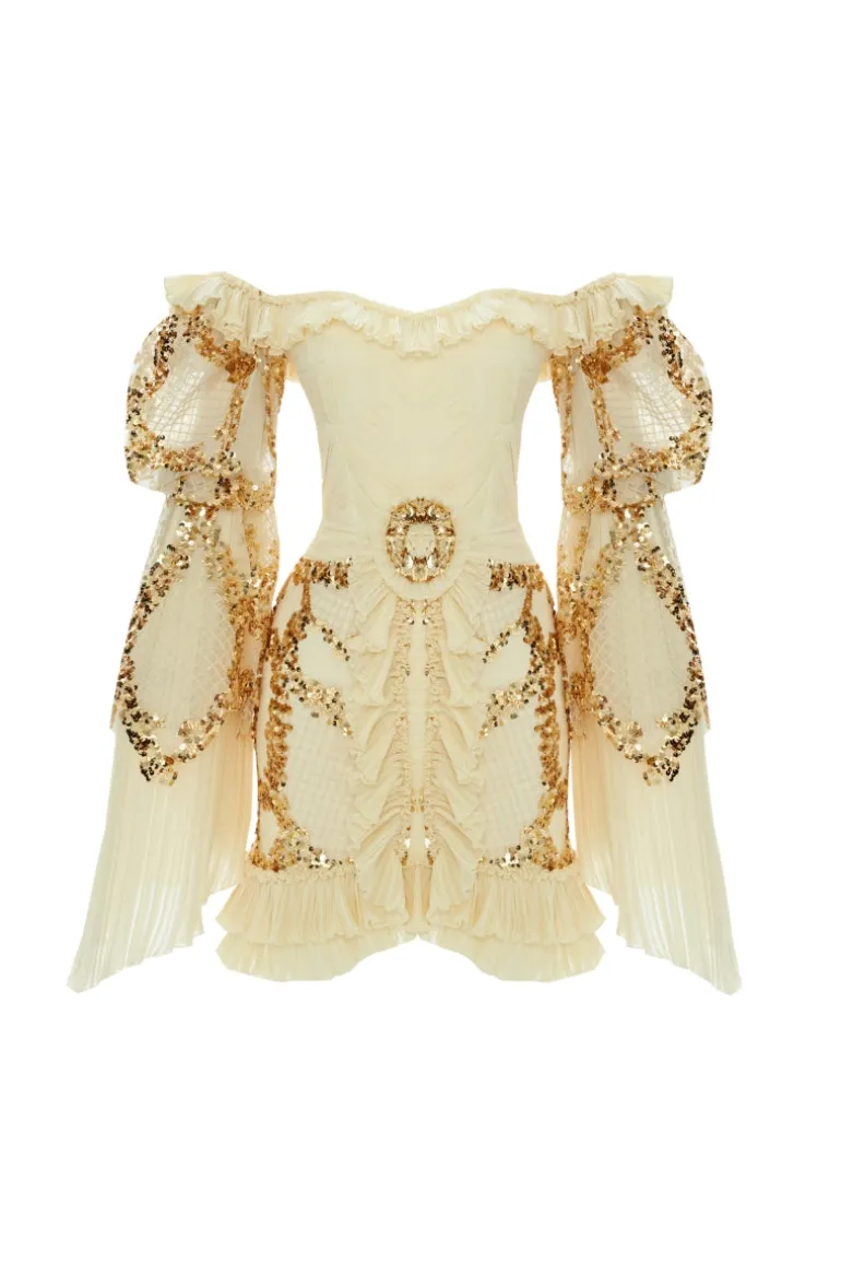 Dresses | Mini Dresses<CULT MIA GOLD SEQUINED PUFF SLEEVE MINI DRESS IN Ecru
