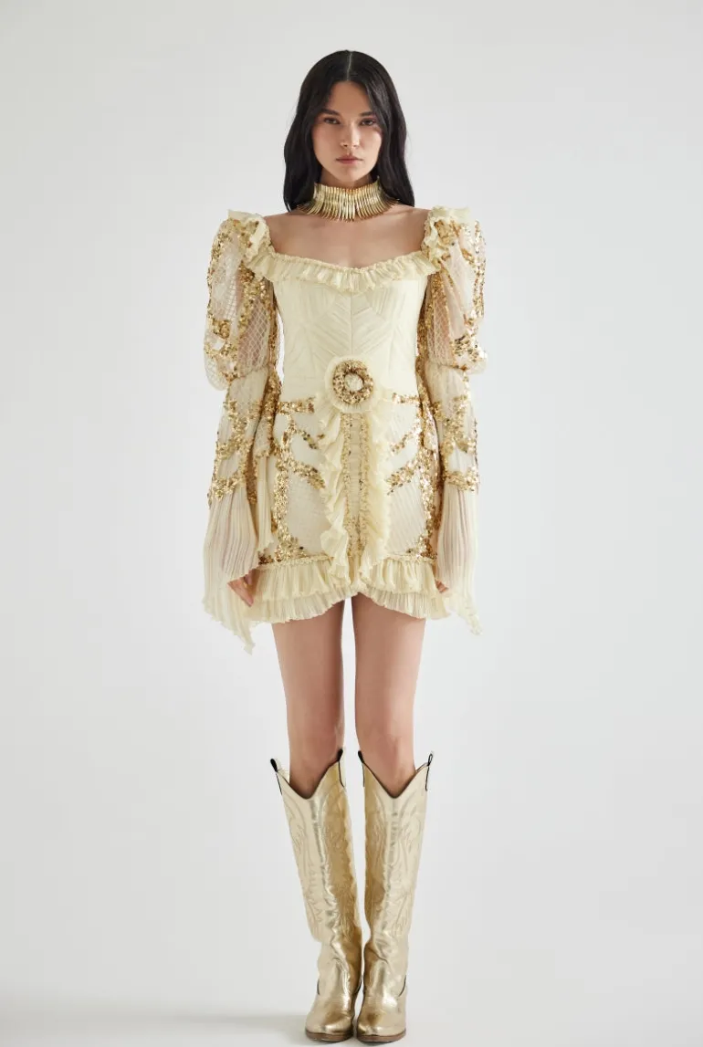 Dresses | Mini Dresses<CULT MIA GOLD SEQUINED PUFF SLEEVE MINI DRESS IN Ecru