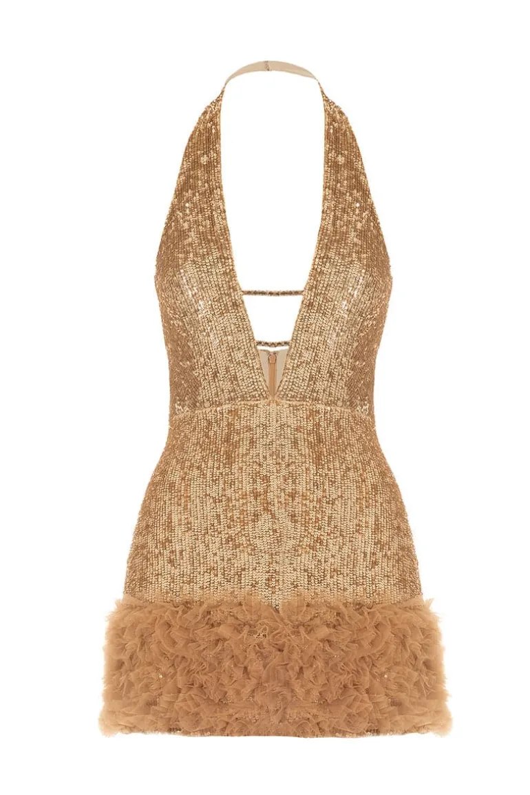 Dresses | Mini Dresses<CULT MIA GOLD SEQUINNED TULLE-DETAIL MINI DRESS Bronze Gold
