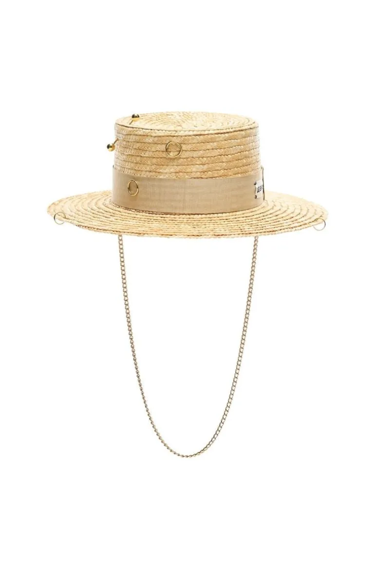 Hats<CULT MIA GOLD STRAW CANOTIER WITH 24K GOLD-PLATED ACCESSORIES Beige