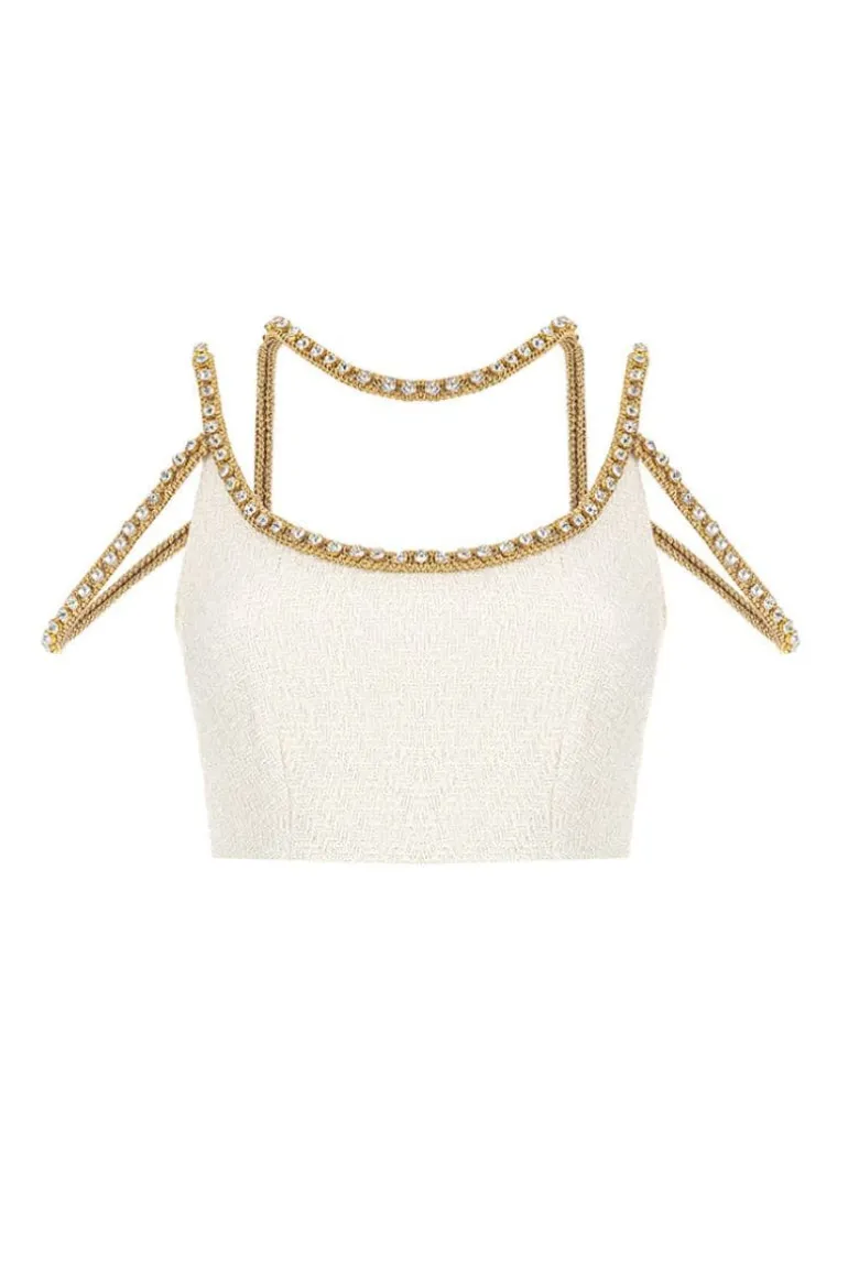 Tops<CULT MIA GOLD THREAD-EMBROIDERED TWEED TOP White/Gold