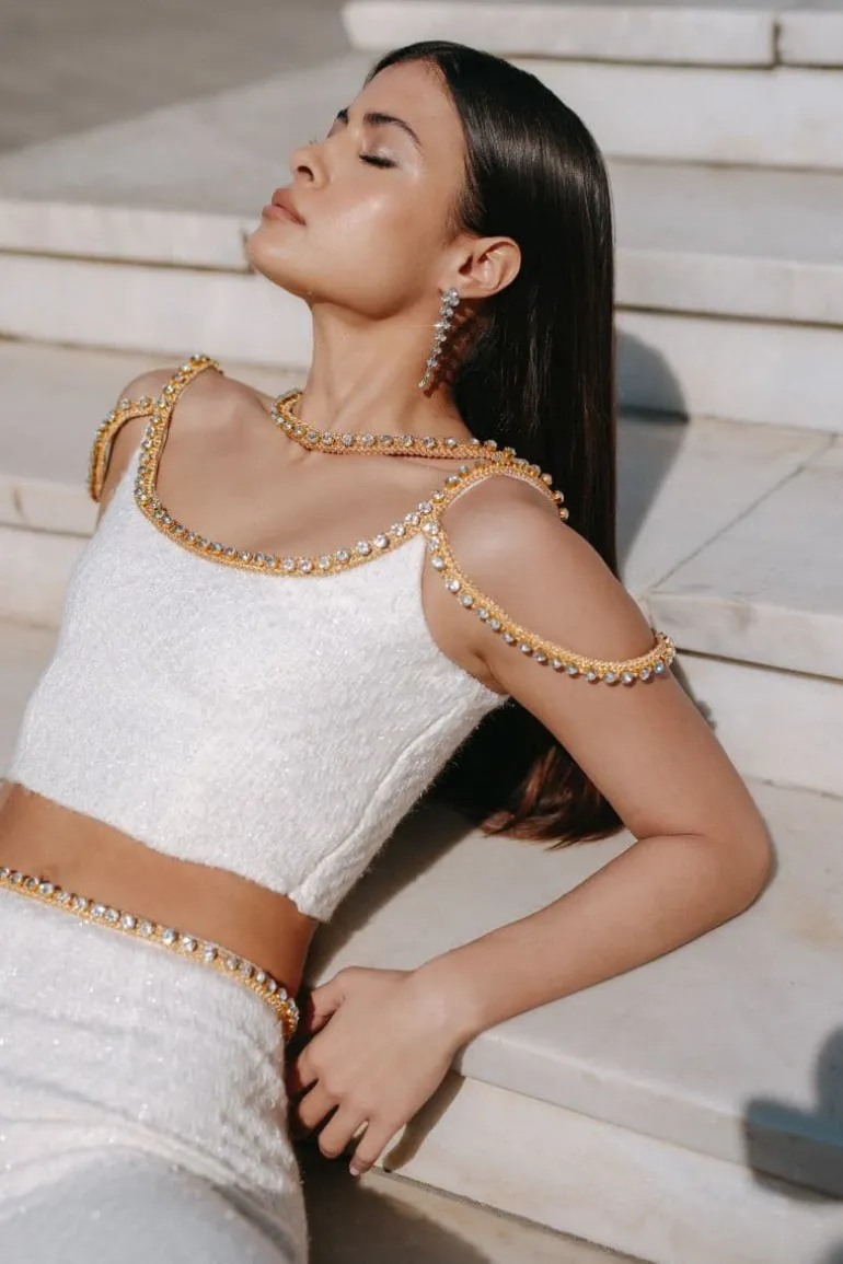 Tops<CULT MIA GOLD THREAD-EMBROIDERED TWEED TOP White/Gold
