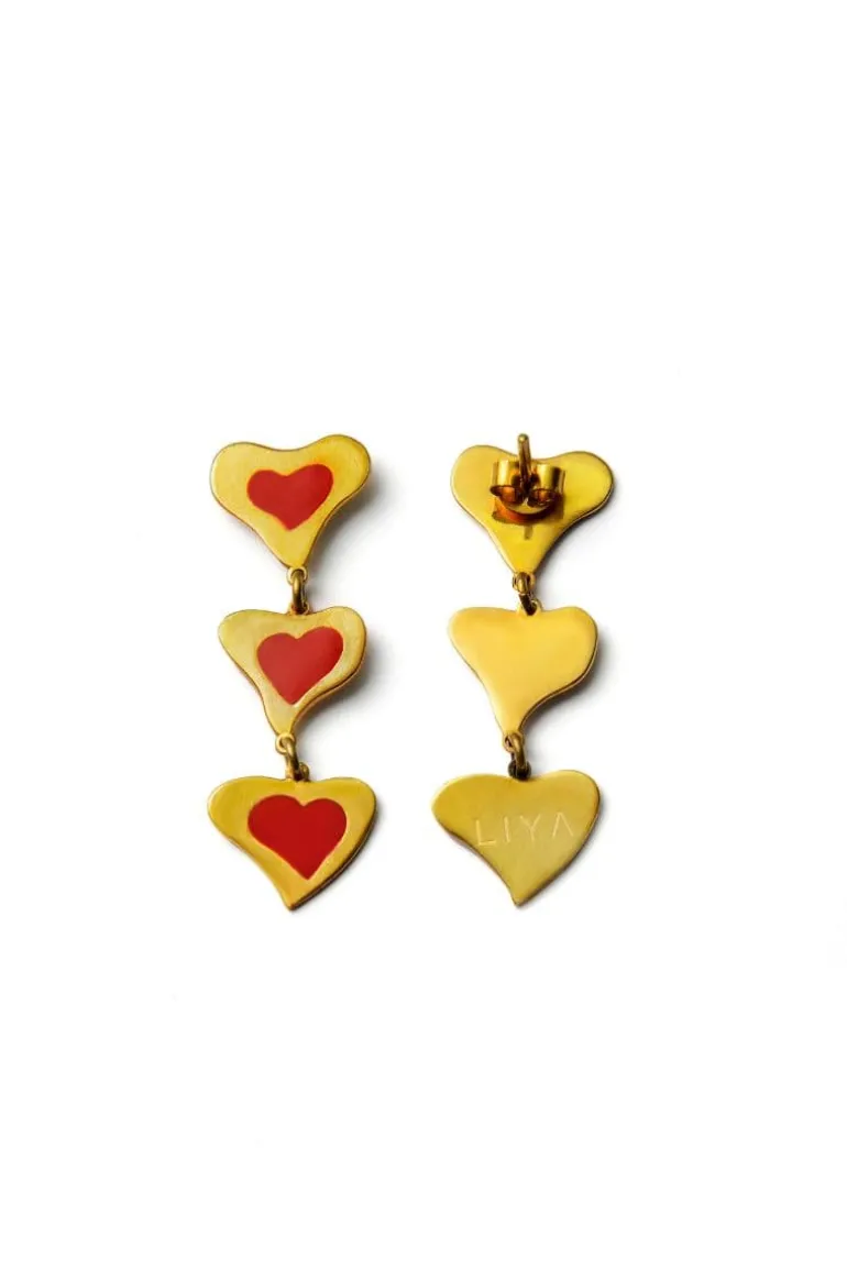 Earrings<CULT MIA GOLD TRIPLE HEART EARRINGS Red/Gold