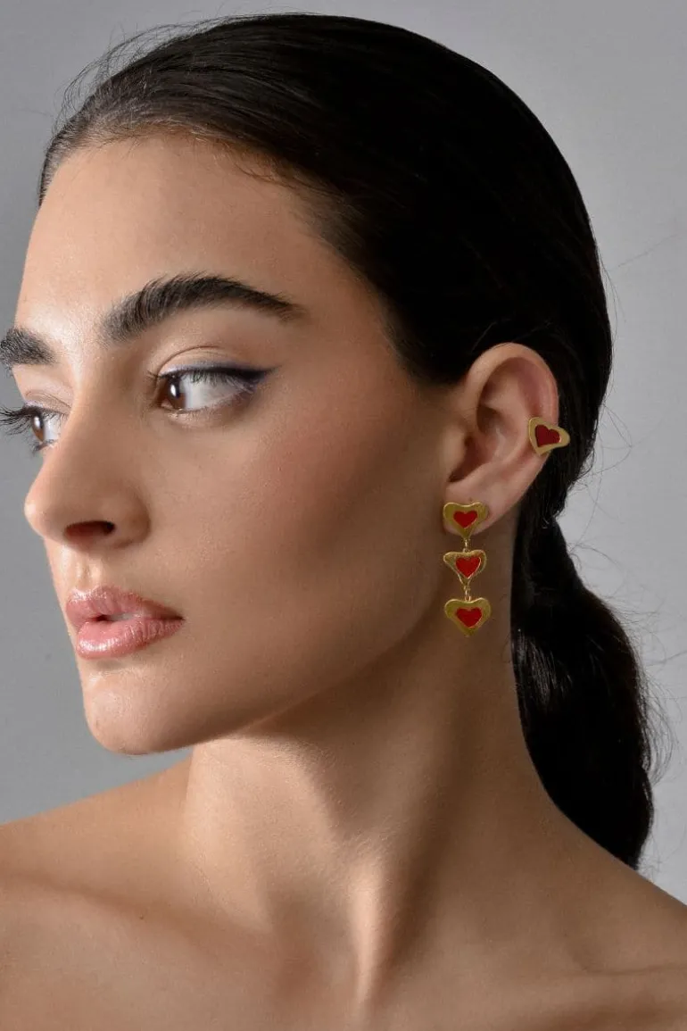 Earrings<CULT MIA GOLD TRIPLE HEART EARRINGS Red/Gold