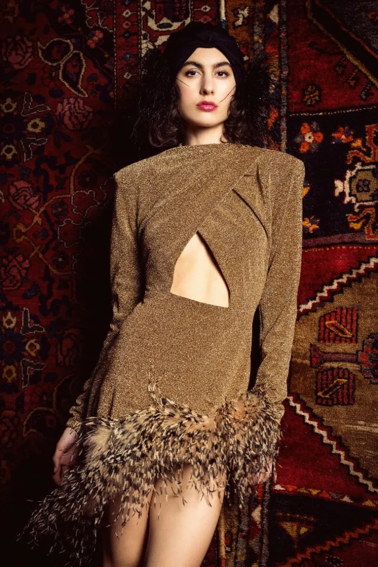 Dresses | Mini Dresses<CULT MIA EN METALLIC FEATHER-TRIMMED MINI DRESS Gold