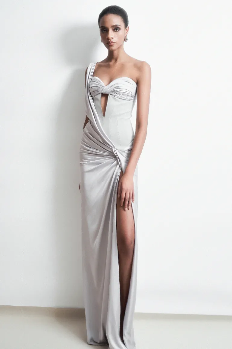 Dresses | Gowns<CULT MIA GONE WITH THE FLOW GOWN IN SILVER Light Silver