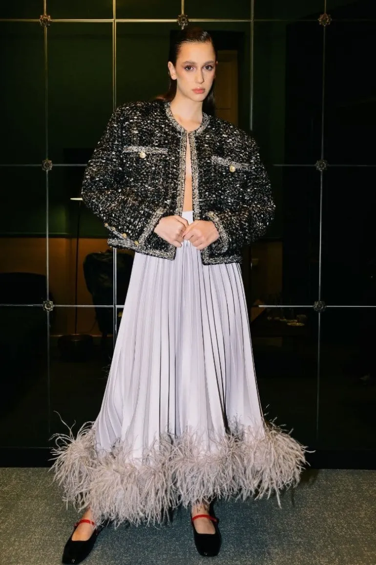 Skirts<CULT MIA GRAY COTTON FEATHER-TRIMMED MAXI SKIRT