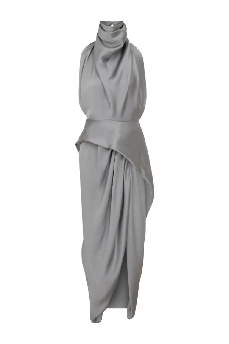 Dresses<CULT MIA HALTERNECK SATIN CREPE MAXI DRESS Gray