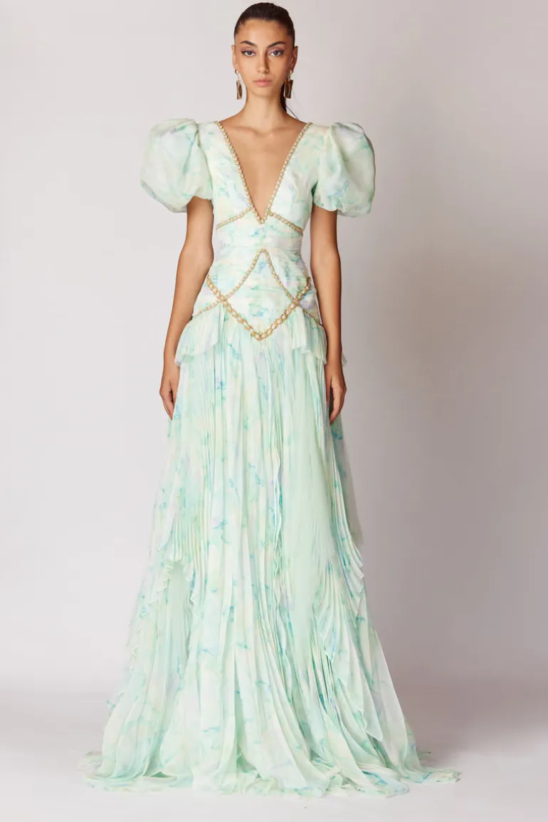 Dresses<CULT MIA GREEN HANDMADE PUFF SLEEVE PLEATED LONG DRESS Light Green