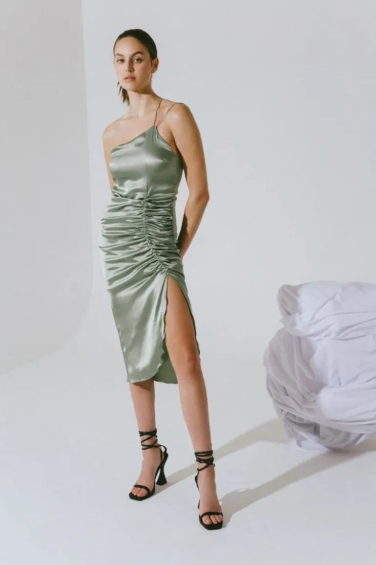 Dresses | Midi Dresses<CULT MIA LILLY ONE SHOULDER SILK MIDI DRESS Green