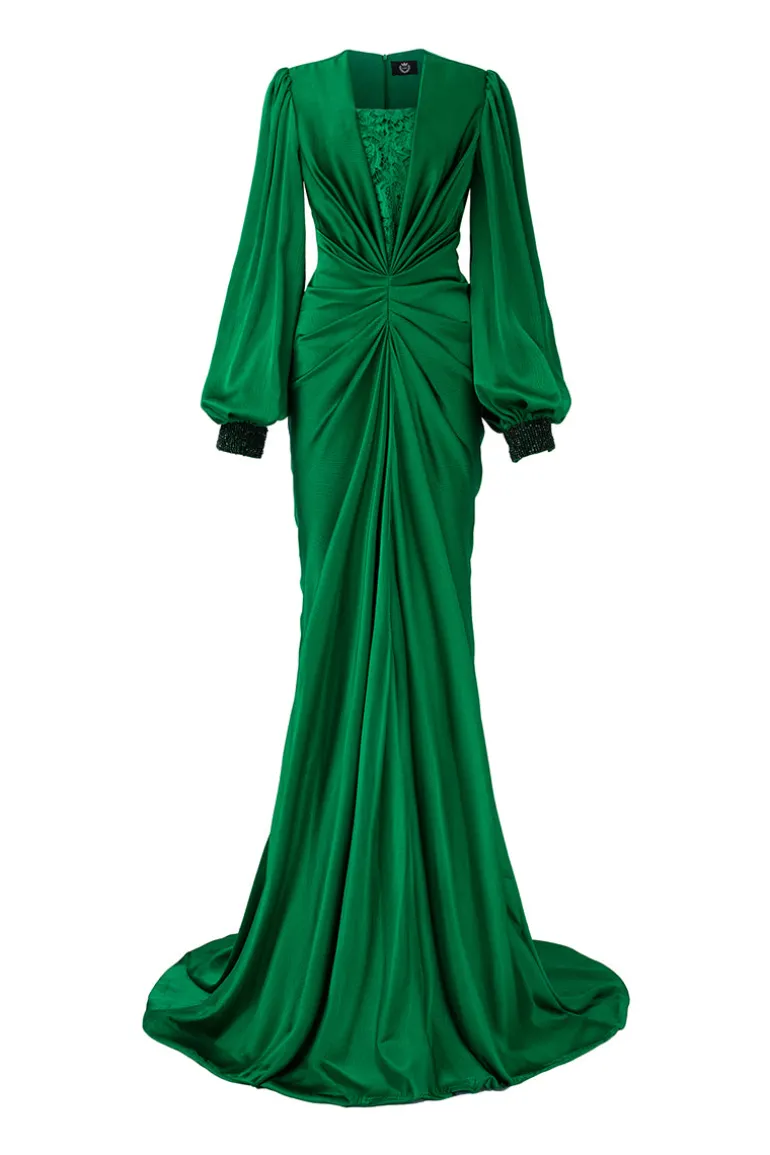 Dresses | Gowns<CULT MIA PLUNGE NECKLINE BOUFFANT SLEEVES SILK GOWN Green