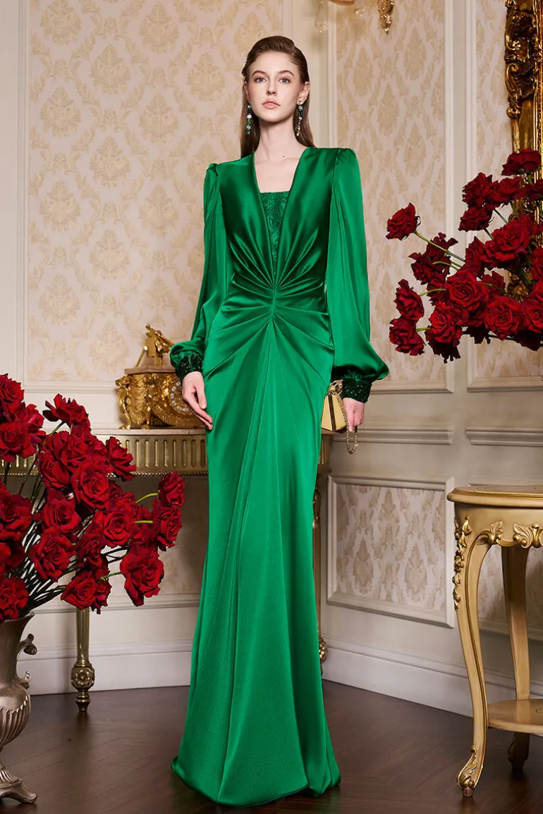 Dresses | Gowns<CULT MIA PLUNGE NECKLINE BOUFFANT SLEEVES SILK GOWN Green