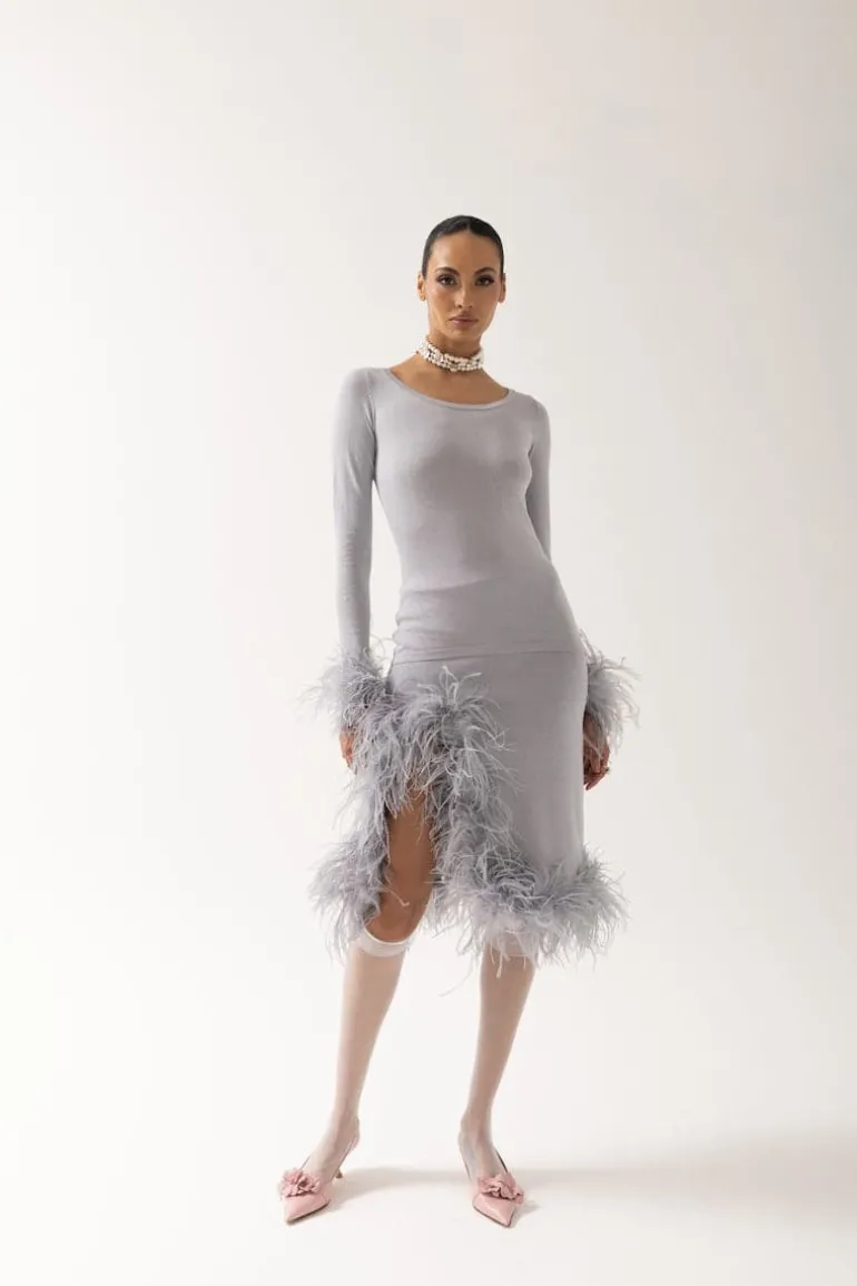 Skirts<CULT MIA GREY CASHMERE KNIT SKIRT WITH FEATHERS Light Grey