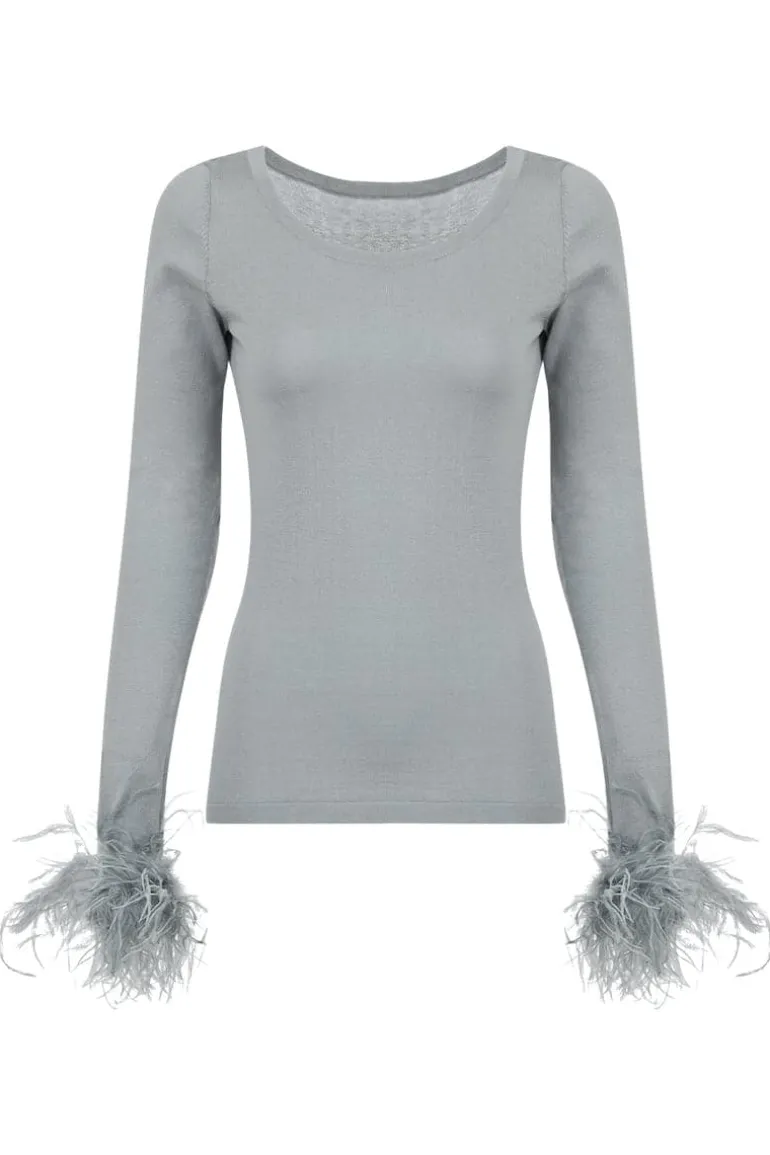 Tops<CULT MIA GREY CASHMERE KNIT TOP WITH DEATACHABLE FEATHERS CUFFS Light Grey