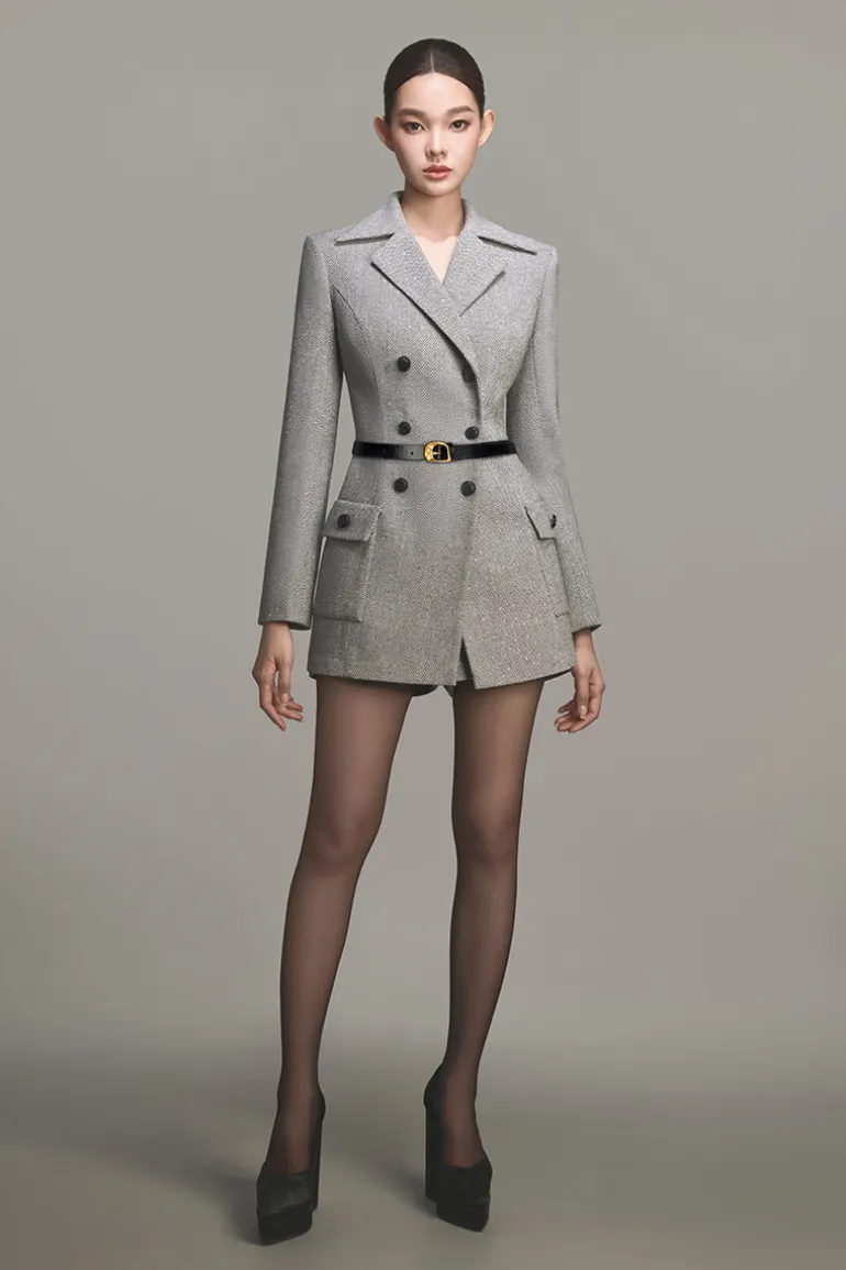 Outfit Sets<CULT MIA GREY HERRINGBONE DOUBLE-BREASTED JACKET AND SHORTS SET Gray