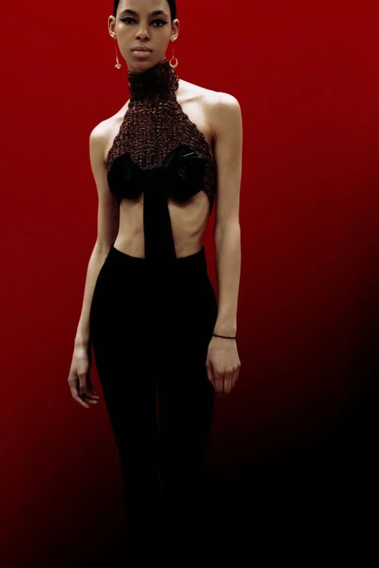 Tops<CULT MIA HALTER BOW CROCHET TOP Copper/Black