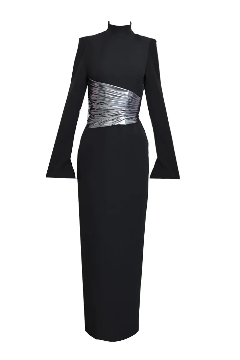 Dresses<CULT MIA HALTERNECK DRESS WITH METALLIC DRAPED WAIST IN Midnight Black