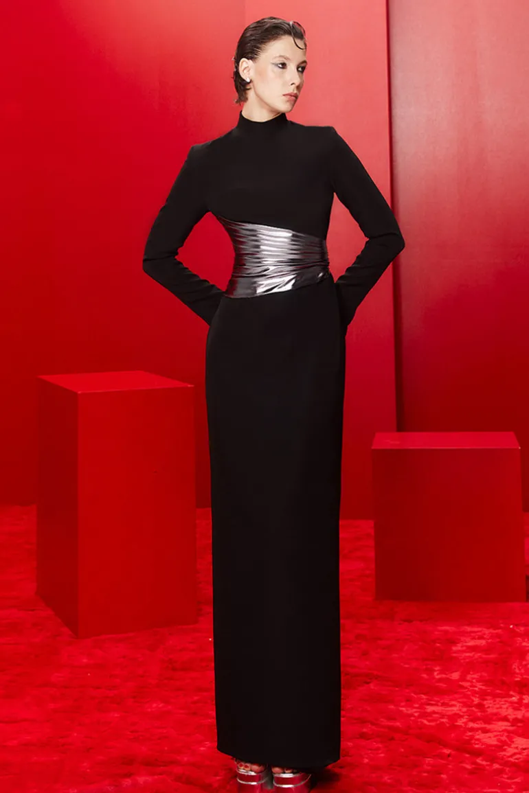 Dresses<CULT MIA HALTERNECK DRESS WITH METALLIC DRAPED WAIST IN Midnight Black
