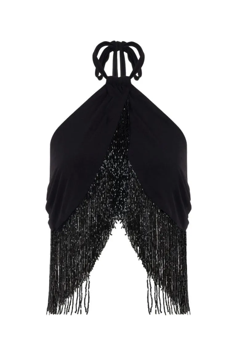 Tops<CULT MIA HAND-BEADED TASSEL TOP Black