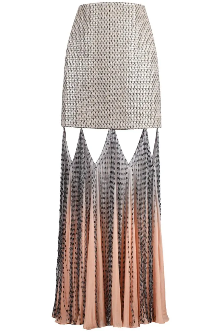 Skirts<CULT MIA HAND-WOVEN SILK BLEND MAXI SKIRT WITH CHIFFON PANELS Ecru-Gray-Peach