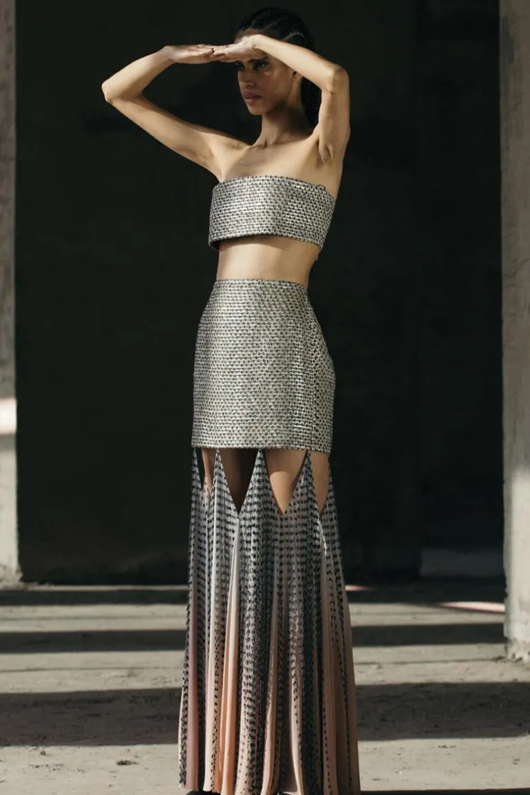 Skirts<CULT MIA HAND-WOVEN SILK BLEND MAXI SKIRT WITH CHIFFON PANELS Ecru-Gray-Peach