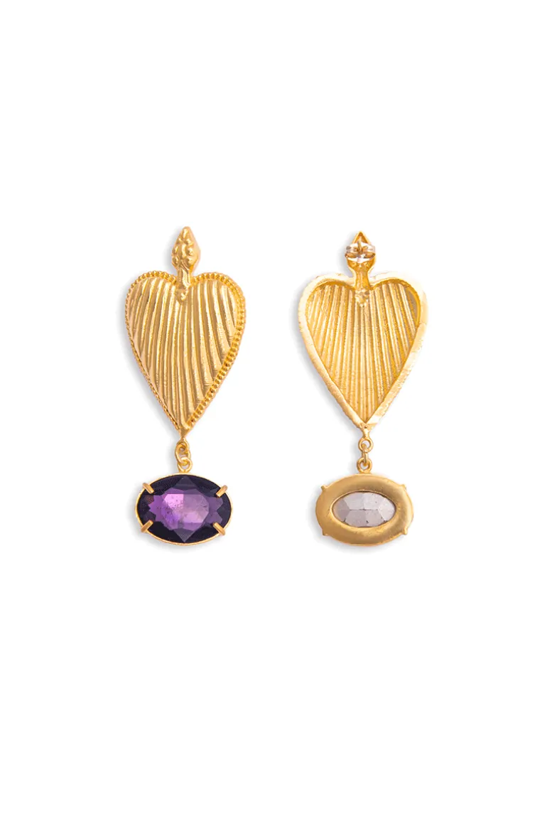Earrings<CULT MIA HEART EARRINGS WITH PURPLE CRYSTAL STONES Gold