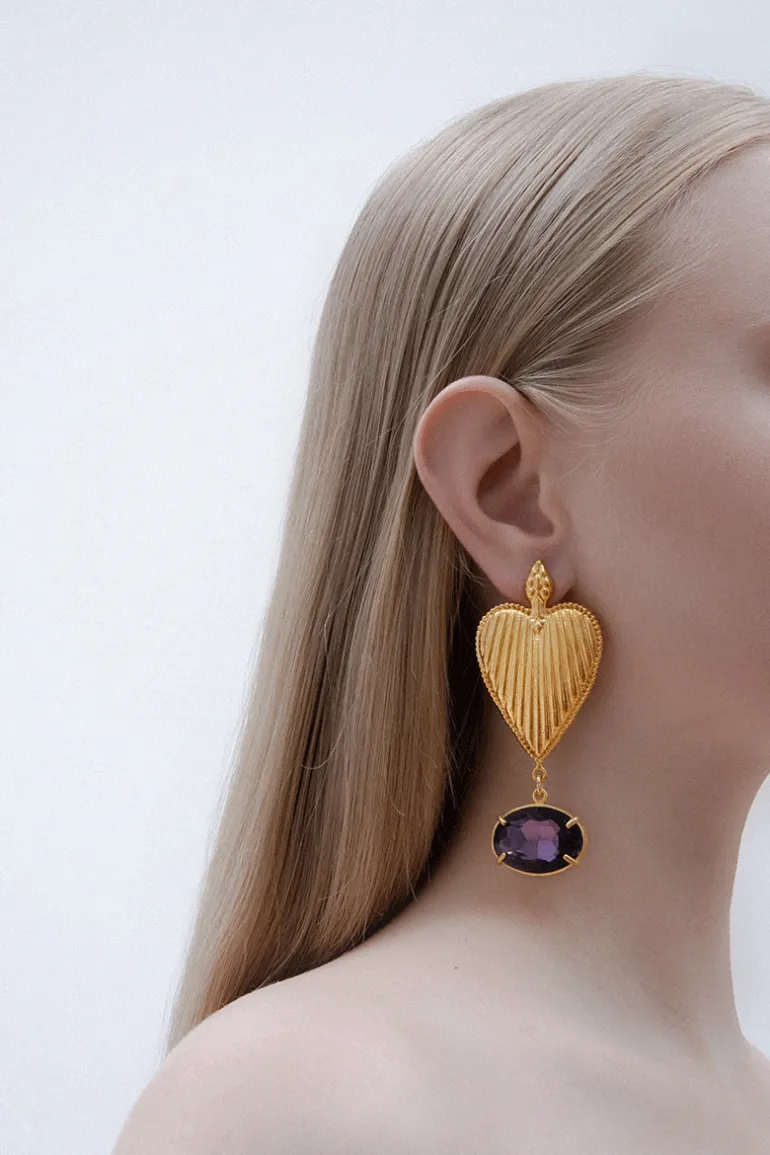 Earrings<CULT MIA HEART EARRINGS WITH PURPLE CRYSTAL STONES Gold