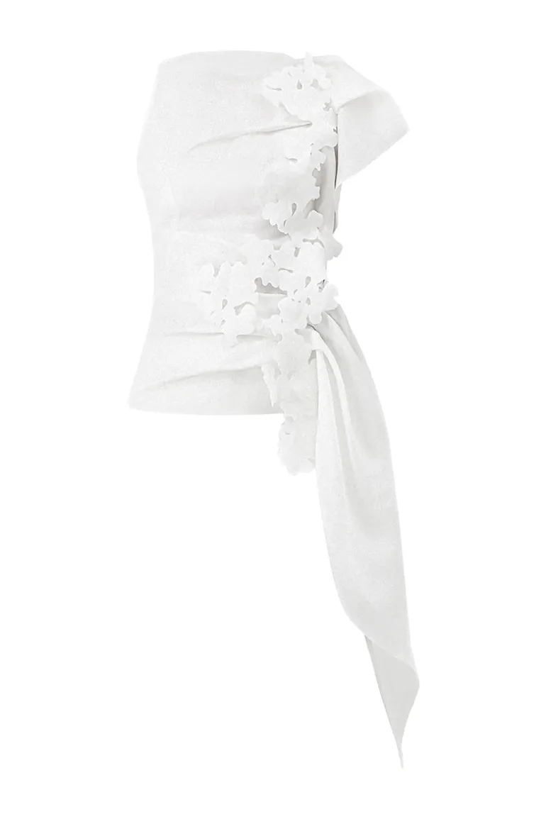 Tops<CULT MIA HIBISCUS BODYCON FLOWER APPLIQUE ORGANZA TOP White