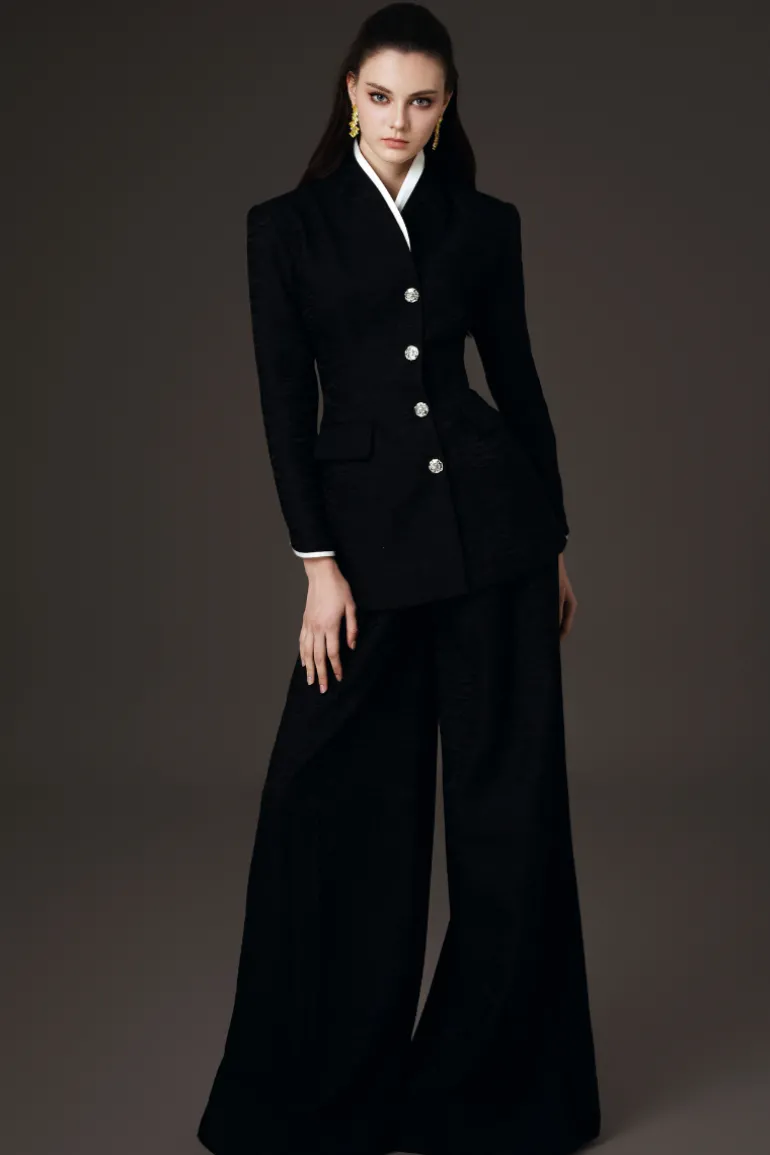 Outfit Sets<CULT MIA HIGH COLLAR FITTED BLAZER & WIDE-LEG TROUSERS SET Black